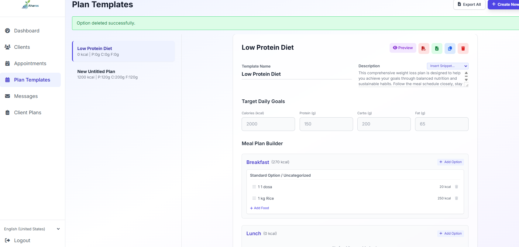 Meal Planning Interface